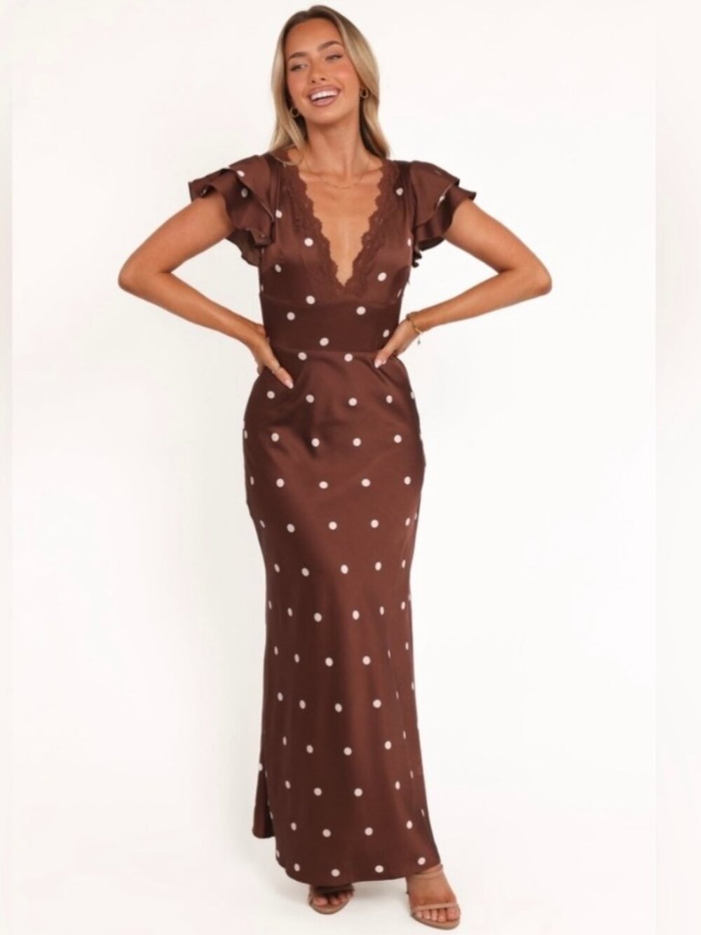 Petal and Pup Arella Maxi Dress Size 6 Brown Polka Dot Lace Trim Satin Romantic - Picture 1 of 14